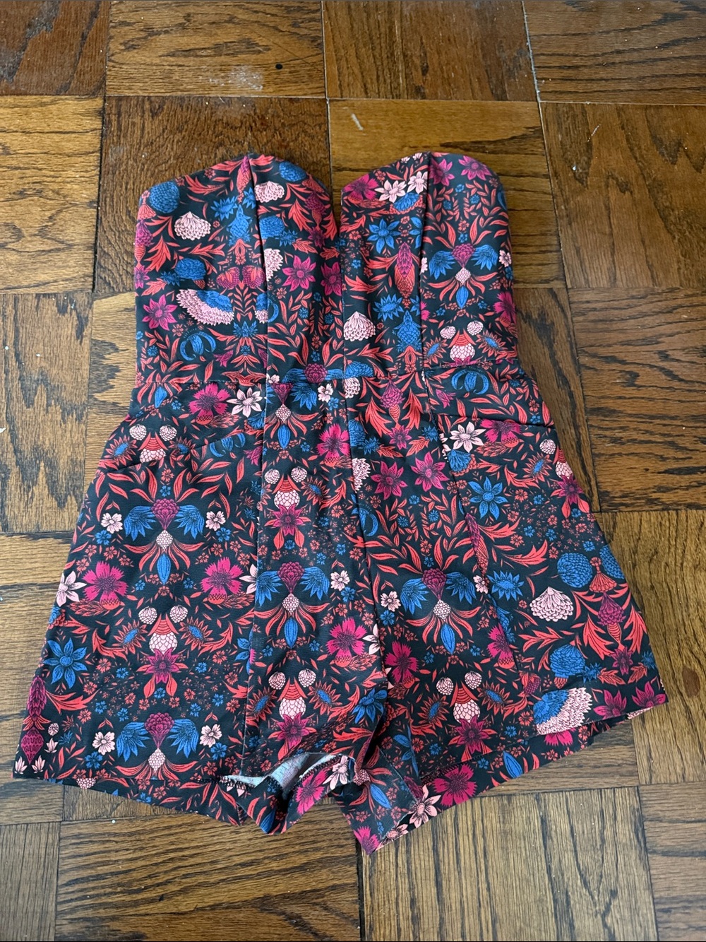 Black Floral Strapless Romper with Pink & Blue Accents